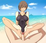  1boy 1girl asagao_to_kase-san beach cloud cum footjob hetero island kase-san kase_tomoka penis sea smile swimsuit uncensored 