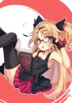  :&lt; adjusting_eyewear akatsuki_yuni arm_up armpits bangs black_gloves black_legwear black_tank_top blonde_hair blush book bow character_name collarbone commentary_request crossed_legs eyebrows_visible_through_hair fang glasses gloves hair_between_eyes hair_ornament hairclip head_tilt highres long_hair looking_at_viewer ogami_kazuki open_book parted_bangs parted_lips pleated_skirt red-framed_eyewear red_bow red_eyes red_skirt semi-rimless_eyewear skirt solo tank_top thighhighs triangle_mouth two_side_up under-rim_eyewear uni_channel very_long_hair virtual_youtuber 