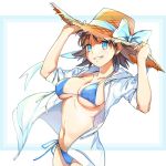  bad_id bad_twitter_id bikini blue_bikini blue_border blue_eyes border breasts brown_hair cowboy_shot flipped_hair grin hands_on_headwear hat hiei_(kantai_collection) hood hooded_jacket hoodie jacket kantai_collection large_breasts open_clothes saki_(little_crown) short_hair side-tie_bikini simple_background skindentation smile solo straw_hat sun_hat swimsuit white_background white_jacket 