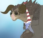  ambiguous_gender anthro clothed clothing deathclaw eyewear fallout flag hi_res horn solo stars_and_stripes sunglasses united_states_of_america unknown_artist video_games 