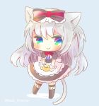  &gt;_&lt; american_flag american_flag_print animal animal_ears apron azur_lane bangs bird black_dress black_legwear blue_background blue_eyes blush bow bowtie cat_ears cat_girl cat_tail chibi chick closed_mouth commentary dress eyebrows_visible_through_hair flag_print full_body green_eyes hair_between_eyes hair_bow hammann_(azur_lane) holding holding_animal kouu_hiyoyo long_hair looking_at_viewer multicolored multicolored_eyes no_shoes one_side_up print_neckwear puffy_short_sleeves puffy_sleeves red_bow short_sleeves silver_hair smile solo standing striped striped_bow tail thighhighs twitter_username very_long_hair waist_apron white_apron wrist_cuffs 