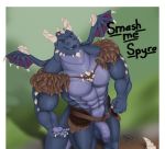  2018 abs anthro balls big_balls big_penis blue_scales bubba_(spyro) claws clothing digital_media_(artwork) dizzyknight dragon english_text flaccid hi_res horn humanoid_penis looking_at_viewer male membranous_wings muscular muscular_male nude open_mouth painted pecs penis scales scalie smile solo spyro_reignited_trilogy spyro_the_dragon standing teeth text video_games wings 