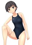  absurdres ass_visible_through_thighs black_eyes black_hair black_swimsuit competition_swimsuit flat_chest highres leg_up looking_at_viewer mizuno one-piece_swimsuit original parted_lips short_hair simple_background solo swimsuit takafumi white_background 
