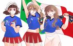 anno88888 bangs blonde_hair blunt_bangs brown_eyes brown_hair commentary cowboy_shot glasses highres italian_flag italy kantai_collection littorio_(kantai_collection) long_hair miniskirt multiple_girls roma_(kantai_collection) scarf shirt skirt soccer soccer_uniform sportswear tied_shirt wavy_hair world_cup zara_(kantai_collection) 