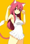  1girl animal_ears bangs bare_arms bare_shoulders breasts cat_ears cat_girl cat_tail closed_mouth cowboy_shot dress eyebrows_visible_through_hair gradient gradient_background hair_between_eyes highres medium_breasts microdress onija_tarou original pink_hair red_eyes sleeveless sleeveless_dress smile solo straight_hair tail tail_raised white_dress 