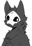  2018 anthro black_and_white black_fur blush bust_portrait canine changed_(video_game) chest_tuft fluffy fur goo_creature hi_res male mammal mask monochrome monster neck_tuft portrait puro_(changed) simple_background smile solo tuft video_games white_background white_eyes wolf 青夜 
