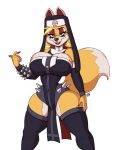  anthro big_breasts black_lipstick breasts canine cleavage clothed clothing daxzor female fox hat legwear looking_at_viewer mammal nun red_eyes simple_background sleeves solo spiked_clothing spikes stockings tight_clothing white_background wide_hips 