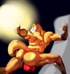  after_sex anthro big_bulge big_butt bulge butt canine clothed clothing cum cum_in_ass cum_inside fox hi_res jojobizad looking_at_viewer male mammal muscular muscular_male penis_outline solo topless 