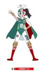  2018_fifa_world_cup :d animal animal_on_head bird bird_on_head blue_eyes bodysuit cape daibajoujisan fangs full_body hand_on_hip looking_at_viewer luchador luchador_mask mexican_flag mexico on_head open_mouth side_ponytail simple_background smile soccer soccer_ball_print solo white_background world_cup 