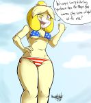  2018 4th_of_july 5_fingers animal_crossing anthro beach bikini biped blonde_hair blush breasts canine clothed clothing cloud dialogue digital_media_(artwork) dog english_text eyebrows eyelashes female fur hair hair_bun hair_ornament hi_res howsplendid isabelle_(animal_crossing) looking_at_viewer looking_down low-angle_view mammal midriff multicolored_fur multicolored_hair navel nintendo one_eye_closed open_mouth orange_hair outside seaside shih_tzu side-tie_bikini signature simple_background skimpy sky smile solo standing stars_and_stripes swimsuit teeth text tongue two_tone_fur two_tone_hair under_boob united_states_of_america video_games white_fur wide_hips wink yellow_fur 