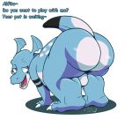  2018 alfa_quinto_(artist) backsack balls bedroom_eyes big_butt blue_body butt claws clodoval dialogue digimon digital_drawing_(artwork) digital_media_(artwork) dragonxpyro english_text fak&eacute;mon fangs feral full-length_portrait half-closed_eyes looking_at_viewer looking_back male markings open_mouth portrait presenting presenting_hindquarters purple_eyes rear_view reptile scalie seductive shadow sharp_teeth signature simple_background smile solo teeth text thick_thighs toe_claws tongue toony white_background wide_hips 