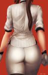  ass brown_hair collared_shirt commentary_request facing_away finalcake from_behind girls_frontline gloves lee-enfield_(girls_frontline) long_hair pants ponytail red_background shirt simple_background solo thighhighs twitter_username very_long_hair white_gloves white_pants white_shirt 