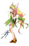  absurdres arm_warmers arms_behind_back blonde_hair blue_eyes bow breasts brown_footwear closed_mouth dress eyebrows_visible_through_hair forehead_jewel full_body green_bow green_dress highres holding holding_spear holding_weapon long_hair low-tied_long_hair pauldrons polearm riesz seiken_densetsu seiken_densetsu_3 shoes simple_background small_breasts solo spear tokiani very_long_hair weapon white_background 
