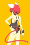  1girl animal_ears ass bare_shoulders black_swimsuit breasts cat_ears cat_girl cat_tail closed_mouth eyebrows_visible_through_hair from_behind gradient gradient_background gun hand_on_hip highres holster one-piece_swimsuit onija_tarou original red_eyes red_hair short_hair sideways_mouth small_breasts smile solo swimsuit tail weapon wristband 