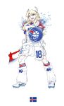  2018_fifa_world_cup :d armor armored_dress axe blonde_hair blue_eyes braid cleats daibajoujisan fang fire french_braid full_body horns iceland icelandic_flag long_hair looking_at_viewer open_mouth shield simple_background skirt smile soccer solo white_background white_footwear white_legwear white_skirt world_cup 