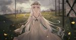  blue_eyes building city clouds dress elbow_gloves flowers gloves grass long_hair original petals sky tagme_(artist) wedding_attire white_hair 