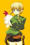  1girl animal bangs bike_shorts bird blonde_hair blue_eyes bow_(weapon) capelet chicken closed_mouth cowboy_shot crossbow cucco eyebrows_visible_through_hair from_behind green_capelet highres holding holding_animal hood hood_down linkle long_hair looking_back onija_tarou pointy_ears puffy_short_sleeves puffy_sleeves short_sleeves smile the_legend_of_zelda weapon yellow_background zelda_musou 