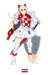  2018_fifa_world_cup armor armored_boots armored_dress blonde_hair boots croatia croatian_flag daibajoujisan full_body gloves hair_between_eyes high_heel_boots high_heels looking_at_viewer number shield simple_background skirt soccer solo sword weapon white_background white_gloves white_skirt world_cup 