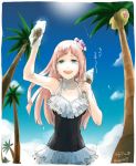  alolan_exeggutor alolan_form blue_eyes blue_sky cloud commentary_request dated day felicia_(fire_emblem_if) fire_emblem fire_emblem_heroes fire_emblem_if flower gen_1_pokemon hair_flower hair_ornament holding ice_cream_cone long_hair one-piece_swimsuit open_mouth palm_tree pink_hair pokemon pokemon_(creature) pokemon_(game) pokemon_sm robaco sky swimsuit tree twitter_username 
