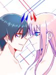  1girl bangs black_hair blue_eyes blue_horns commentary_request couple darling_in_the_franxx eyebrows_visible_through_hair face-to-face facing_another green_eyes hetero hiro_(darling_in_the_franxx) horns long_hair looking_at_another nude oni_horns pink_hair raichi274 red_horns zero_two_(darling_in_the_franxx) 