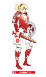  2018_fifa_world_cup armored_boots blonde_hair boots breastplate daibajoujisan danish_flag denmark full_body hairband holding holding_sword holding_weapon pauldrons ponytail red_footwear shield simple_background skirt soccer solo sword thick_eyebrows vambraces weapon white_background white_skirt world_cup 