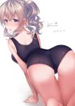  arm_support ass back blue_eyes blush commentary eyebrows_visible_through_hair from_behind haruno_suzune kantai_collection kashima_(kantai_collection) looking_at_viewer looking_back silver_hair simple_background solo swimsuit thighs twintails wavy_hair white_background 