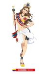  2018_fifa_world_cup :d bare_shoulders bikini breasts brown_eyes brown_hair cleavage colombia colombian_flag contrapposto crown daibajoujisan earrings full_body hand_on_hip jewelry long_hair looking_at_viewer medium_breasts navel number open_mouth sandals sarong sash simple_background smile soccer solo staff standing swimsuit white_background world_cup yellow_bikini 