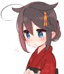  :o ahoge alternate_costume alternate_hairstyle blue_eyes blush brown_hair commentary_request floral_print hair_bun hair_flaps hair_ornament japanese_clothes kantai_collection kimono remodel_(kantai_collection) shigure_(kantai_collection) simple_background solo the_yuudachi-like_creature upper_body white_background yoru_nai yukata 