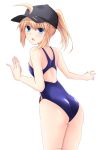  ahoge artoria_pendragon_(all) ass baseball_cap blonde_hair blue_eyes blue_hat blue_swimsuit competition_swimsuit cowboy_shot cross_(crossryou) fate/extella fate/extra fate/grand_order fate_(series) from_behind hair_through_headwear hat long_hair looking_at_viewer mysterious_heroine_x one-piece_swimsuit ponytail rojiura_satsuki:_chapter_heroine_sanctuary simple_background solo swimsuit white_background 