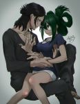  1girl aizawa_shouta arm_grab asui_tsuyu barefoot black_pants black_shirt boku_no_hero_academia collarbone dark_green_hair eye_contact face-to-face facial_scar folded_ponytail green_eyes green_hair hair_between_eyes hair_bun hair_rings hug long_sleeves looking_at_another miniskirt pants parted_lips scar shirt short_sleeves sitting sitting_on_lap sitting_on_person skirt t-shirt tied_hair white_skirt yugaminokuni 