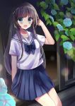  :d arm_up bangs blue_eyes blue_flower blue_neckwear blue_skirt blurry blurry_foreground blush bow bowtie brown_hair collarbone commentary_request day depth_of_field eyebrows_visible_through_hair flower highres long_hair looking_at_viewer minami_saki morning_glory open_mouth original outdoors pleated_skirt sailor_collar school_uniform serafuku shirt short_sleeves sitting skirt smile solo very_long_hair white_sailor_collar white_shirt 