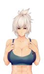  1girl abs breasts cleavage crop_top female large_breasts league_of_legends looking_at_viewer midriff muscle navel nipples red_eyes riven_(league_of_legends) ryu_seung smile solo sweat toned 