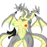  2018 3_heads anthro black_sclera blue_eyes breasts dragon erzabloodred female green_eyes green_nipples hydra looking_at_viewer multi_head nipples pussy red_eyes red_nipples simple_background slit_pupils solo tattoo white_background wings 