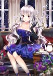  black_dress breasts cleavage commentary_request cup dress flower gold_trim indoors korean_commentary o_n_j_i pot pretty_(series) pretty_rhythm pretty_rhythm_rainbow_live purple_dress red_eyes rose silver_hair sitting smile solo tea teacup white_hair 