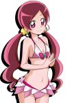  10s 1girl adapted_costume bikini blush bow breasts brooch collarbone hanasaki_tsubomi heartcatch_precure! long_hair looking_at_viewer matching_hair/eyes pink_eyes pink_hair precure simple_background small_breasts smile solo swimsuit twintails 