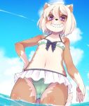  2018 anthro bikini black_nose blonde_hair blush brown_fur canine clothing cloud contrail female fur hair looking_at_viewer mammal navel outside partially_submerged purple_eyes sky solo standing swimsuit water youki 