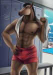  2018 abs biceps clothing digital_media_(artwork) equine horse inside locker locker_room looking_at_viewer male mammal muscular muscular_male nipples pecs pool_(disambiguation) sevenarms smile solo standing summer swimsuit 