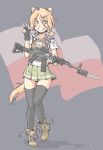  american_flag bayonet blue_eyes commentary english_commentary eotech fb_beryl gloves gun highres jarv load_bearing_equipment load_bearing_vest long_hair looking_at_viewer original poland polandball polish_flag shell_casing simple_background teeth thighhighs upotte!! weapon 