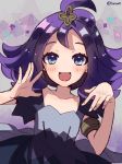  1girl acerola_(pokemon) armlet commentary_request dress elite_four flipped_hair hair_ornament highres multicolored multicolored_clothes multicolored_dress open_mouth pokemon pokemon_(game) pokemon_sm purple_eyes purple_hair short_hair solo stitches trial_captain twitter_username 