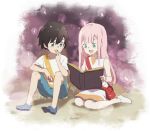  1girl bag bangs black_hair blue_eyes blue_shorts blush book candy child collarbone couple darling_in_the_franxx dress findoworld food grass green_eyes handbag hetero hiro_(darling_in_the_franxx) holding holding_book holding_candy long_hair no_socks open_book open_mouth petals pink_hair purple_footwear reincarnation shirt shoes shorts signature sitting sleeveless sleeveless_dress spoilers tree white_dress white_shirt zero_two_(darling_in_the_franxx) 