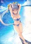  armpits bare_legs bare_shoulders barefoot beach bikini blue_bikini blue_sky blush bow breasts cleavage collarbone day eyebrows_visible_through_hair fate/grand_order fate_(series) feet_out_of_frame from_above front-tie_top hair_bow highres hinot kiyohime_(fate/grand_order) kiyohime_(swimsuit_lancer)_(fate) large_breasts long_hair looking_at_viewer navel ocean outdoors sand shore silver_hair sky smile solo stomach swimsuit very_long_hair walking water yellow_eyes 