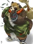  2018 anthro brown_fur canine clothing fundoshi fur gyobu hammer japanese_clothing jewelry leaf male mammal necklace okoge_16 scar slightly_chubby solo tanuki tokyo_afterschool_summoners tools underwear 