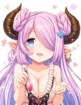  blue_eyes blush breasts cleavage collarbone draph earrings granblue_fantasy hair_over_one_eye heart heart-shaped_pupils highres horns jewelry lavender_hair long_hair looking_at_viewer medium_breasts narmaya_(granblue_fantasy) open_mouth pointy_ears simple_background smile solo spoon symbol-shaped_pupils tomo_(user_hes4085) upper_body white_background 