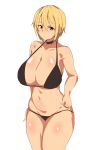  bangs bikini black_bikini blonde_hair breasts cleavage closed_mouth commentary_request cowboy_shot eyebrows_visible_through_hair hair_between_eyes highres looking_at_viewer original red_eyes seihekiog short_hair simple_background solo standing swimsuit white_background 
