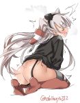  1girl amatsukaze_(kantai_collection) ass blush brown_dress closed_mouth dress ebifurya eyebrows_visible_through_hair grey_hair hair_between_eyes hair_ornament hair_tubes highres implied_masturbation kantai_collection long_hair open_mouth red_legwear seiza short_dress simple_background sitting solo thighhighs two_side_up very_long_hair white_background 