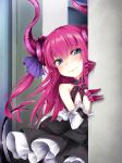  3: around_corner asymmetrical_horns bangs bare_shoulders black_skirt blue_eyes curled_horns detached_sleeves dragon_girl dragon_horns dragon_tail elizabeth_bathory_(fate) elizabeth_bathory_(fate)_(all) eyebrows_visible_through_hair fate/extra fate/extra_ccc fate/grand_order fate_(series) gem highres horns layered_skirt long_hair looking_at_viewer peeking_out pink_hair pointy_ears sasasa_(nashi) skirt solo tail 