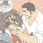  &lt;3 blush canine dog hair human kijima222 long_hair male male/male mammal muscular muscular_male pet ponytail shino_(housamo) slightly_chubby tailwag tokyo_afterschool_summoners 