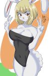  1girl animal_ears ariel_lopez blonde_hair breasts brown_eyes bunny_ears bunny_girl bunny_tail carrot_(one_piece) cleavage double_v furry large_breasts one_piece short_hair simple_background sleeveless solo swimsuit white_fur 