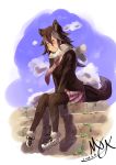  2018 absurd_res amber_eyes animal_humanoid biped black_clothing blush breasts brick_wall canine clothed clothing cloud digital_drawing_(artwork) digital_media_(artwork) fan_character female footwear front_view full-length_portrait hi_res humanoid japanese kemono_friends legwear light_skin mammal necktie on_wall outside pink_clothing plaid portrait scarf shoes sitting skirt sky small_breasts smile solo stockings suit tan_skin wolf_humanoid 夜凪にたか 
