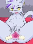  2018 anthro breasts cat feline female fur grey_fur mammal nipples nude open_mouth pink_nose purple_fur pussy reclining ryoku solo spread_legs spread_pussy spreading yellow_eyes 